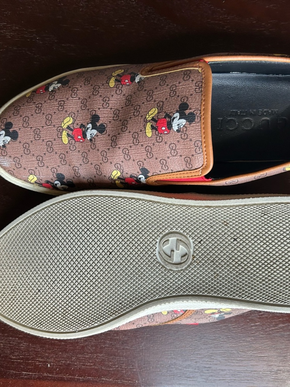 Gucci mens Brown Mickey Mouse Slip-On Sneakers with Red Accents - Picture 5 of 6